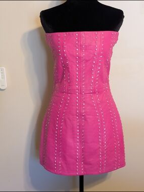 Retrofête Vianne Pink Embellished Leather Strapless Mini Dress Crystal Studded S